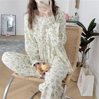  100 % Pamuk Çiçek Gevşek Ev Giyim Yeni Taze Bahar Sonbahar Pijama Kadınlar İçin Tatlı Uzun Kollu Pijama Gece Elbisesi