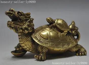 11 cm Çin Fengshui PİRİNÇ Pirinç Uzun Ömürlü Ejderha Kaplumbağa Kaplumbağa Yuanbao Statuecopper araçları düğün Dekorasyon Pirinç PİRİNÇ