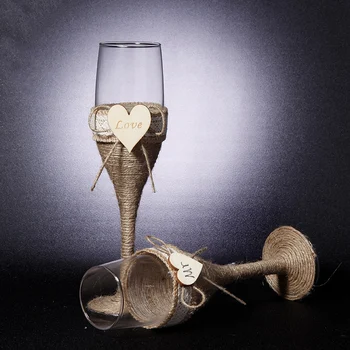  2 Adet Set Düğün Cam Kişiselleştirilmiş Düğün Gözlük Düğün Şampanya Kızartma Flüt Çuval Bezi Dantel Rustik Flüt Şarap Bardağı Şarap