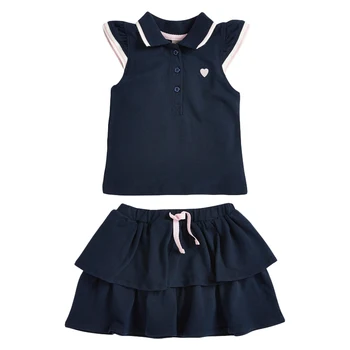  2 Adet Çocuk Kız Pamuk Tenis Etek Takım Elbise Rahat Spor Kıyafet Yaka Yaka Çarpıntı Kollu Kalp Baskı Üstleri ve Katmanlı Etek Seti