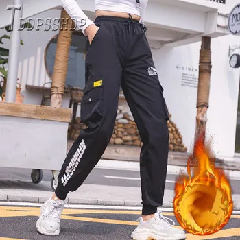  2019 Kore Rahat Astar Kabartmak Kadın Pantolon Sonbahar Kış Moda Kadın Kargo Pantolon