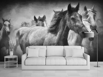  2019 özel 3d At siyah ve beyaz yağlıboya yaratıcı arka plan duvar TV kanepe fotoğraf duvar kağıtları 3d oturma 3d duvar kağıdı
