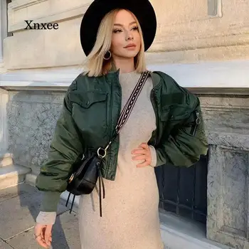  2021 Moda Bayan Sonbahar ve Kış Yeşil Kısa Ceket Kadın Moda Stand-Up Yaka Uzun Kollu Fermuar Bombacı Ceket