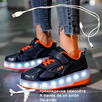  2021 Yeni 28-41 USB Şarj Çocuk Sneakers 2 Tekerlekli Kız Erkek Led Ayakkabı Çocuklar Sneakers Tekerlekli Paten Ayakkabı