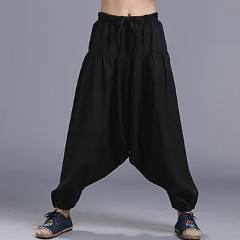  2021 Çin Erkekler Pamuk Keten Katı harem pantolon Gevşek Rahat Artı Boyutu Xl Geniş Bacak Hanfu Pantolon Antik Japon Harajuku