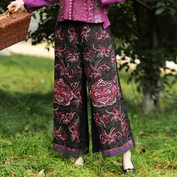  2022 ulusal tarzı harajuku vintage pamuk keten çiçek nakış kadın geniş bacak pantolon elastik bel düz rahat pantolon