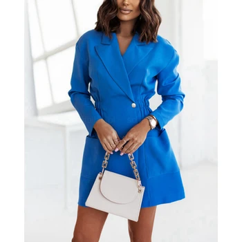  2022 Zarif Kadın Elastik Bel Düğme Blazer Elbise Moda Uzun Kollu Cep Tasarım Ofis Giyim Bayan Femme Katı Resmi Elbise