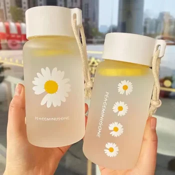  500ML Şık Papatya Şeffaf Buzlu Plastik Su İçme Şişeleri çay bardağı Halat Seyahat Ofis Ev Hediyeler