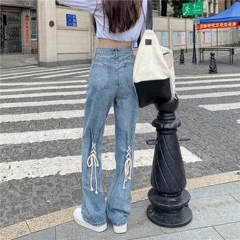  8086 Bahar kadın Kot Yüksek Bel Şık Bandaj Moda Streetwear Düz Geniş Bacak Gevşek Pantolon Kadın Rahat Kot Pantolon