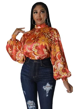  Afrika Üstleri Giysi Kadın Lace Up Standı Yaka Fener Kollu Afrika Giyim Sonbahar Çiçek Streetwear Afrika Gömlek Tunik 2022