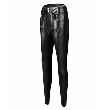  Artı Boyutu S-XXXL Yüksek Bel Düğmesi Siyah deri pantolon Bayanlar Yaz Sıska Push Up Katı Siyah Kadın kalem pantolon
