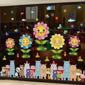  Ayı Hayvanlar duvar çıkartmaları DIY Karikatür Ayçiçeği Bitkiler Duvar Çıkartmaları Çocuk Odası için Bebek Odası Kreş Cam Ev Dekorasyon