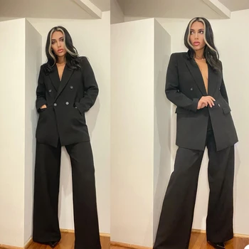  Basit Gevşek Siyah Kadın 2 Parça Ceket Kruvaze Doruğa Yaka Custom Made Ofis Üniforma Ismarlama Moda Takım Elbise