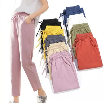 Bayan Bahar yazlık pantolonlar Pamuk Keten Katı Elastik Bel Şeker Renkler Harem Pantolon Yumuşak Yüksek Kaliteli Kadın Bayan S-XXL