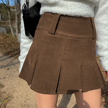  Bayan Kahverengi Kadife Pilili Etekler 90s Vintage Y2K Estetik Okulu Kız Mini Etek Yüksek Bel Sevimli Kawaii Kısa Elbise
