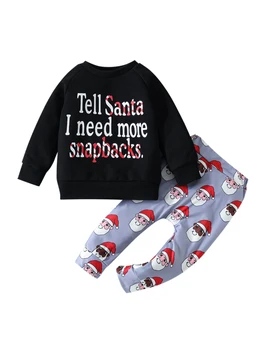  Bebek Bebek Bebek Çocuk Noel Kıyafetler Uzun Kollu Gömlek Mektup Kazak Santa Pantolon 2Pcs Elbise Seti ile 