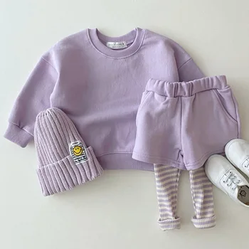  Bebek Giyim çocuk elbiseleri Mor Renk 2 adet T-Shirt Kızlar için Kazak ve Pantolon Bebek Yürüyor Kız Kazak Elbise