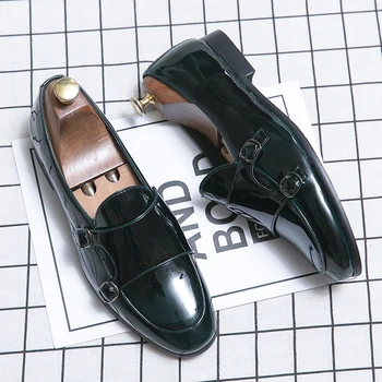  beyefendi resmi elbise ayakkabı erkekler için tasarımcı çift toka keşiş ayakkabı siyah yeşil patent deri makosenler iş ofis spor ayakkabı