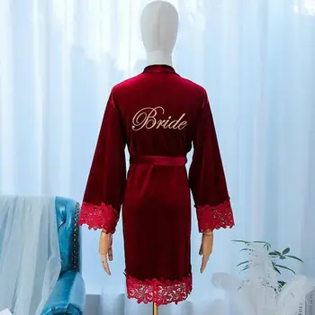  Bordo Kadife Nakış Düğün Elbise Gelin Nedime Kimono Bornoz Elbisesi Seksi Dantel Trim Pijama Kadınlar Yeni Kadife Gecelik