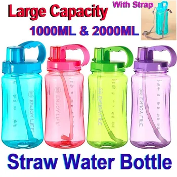 BÜYÜK KAPASİTELİ 4 ŞEKER RENK 1L / 2L Büyük Boy Uzay Plastik 2000ml Büyük Kapasiteli Spor Saman Su askılı şişe BPA Ücretsiz