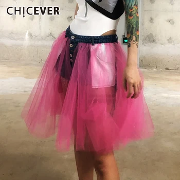  CHICEVER Kore Seksi Hit Renk Kısa Kadınlar Için Yüksek Bel Patchwork Örgü Cepler Rahat Kot Şort Kadın 2021 Yaz Moda
