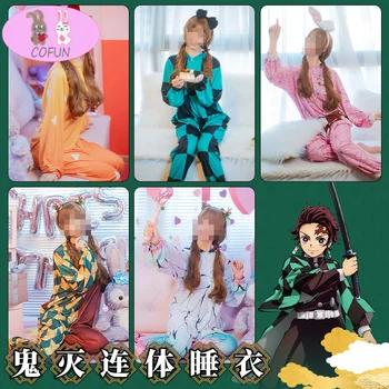  COFUN Anime İblis Avcısı Tanjirou Nezuko Zenitsu Giyuu Shinobu Cosplay Sevimli Pijama Ev Giyim Unisex Tulum Kostüm