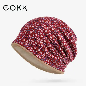  COKK Kış Şapka Kadınlar Için Baggy Kap Çiçekler Desen Rüzgar Geçirmez Kulak Koruyun Türban Şapka Kaput Femme Sürme Alışveriş Sıcak Yaka