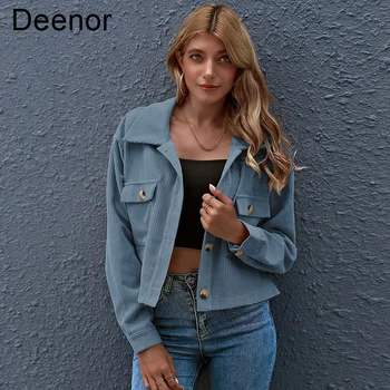  Deenor Kadın Ceket Kadife Ceket Üst Gevşek Yaka Gömlek Ceket 2021 Moda Sonbahar Casual Vintage Katı Renk Kısa Ceketler