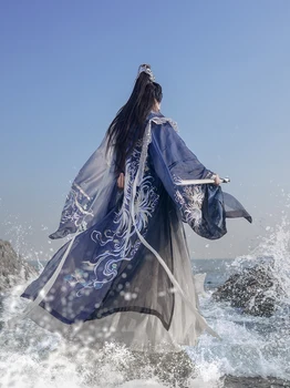  Degrade Mavi Hanfu Erkekler ve Kadınlar Antik Çin Nakış Hanfu Setleri Erkek Karnaval Cosplay Kostüm Hanfu Ceket Artı Boyutu 3XL