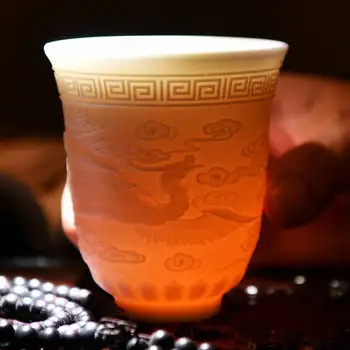  Dehua Beyaz Porselen Çay Master Fincan Kung Fu Fincan Seramik Kabartma Ejderha ve Phoenix Görünür, Uğurlu Qi