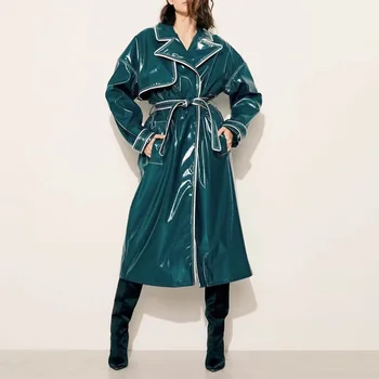  Deri ceketler Yeni Moda Parlak Pu deri ceketler Kadın Uzun deri ceketler Parlak Ceket Kemer İle WY189