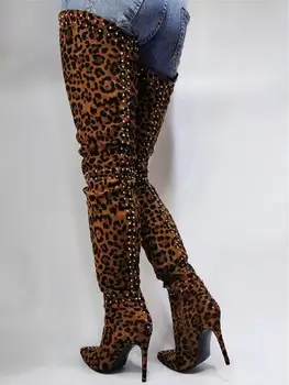  Drop Shipping Seksi Kadın Leopar Diz Üzerinde Perçin Çizmeler Sivri Burun Stiletto Topuklu Pist Gösterisi Dans Uyluk Uzun Çizmeler ayakkabı