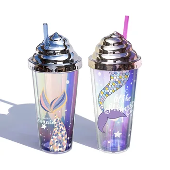  Elektroliz Glitter Su pipetli bardak Çift Katmanlı Plastik Yaratıcı Karton Mermaid Kupa Süt Kahve çay bardağı Yenilik Hediye