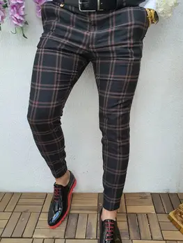 Erkek Vintage Düz Ön Ekose Kırpılmış Pantolon 2022 Marka Yeni Slim Fit Ayak Bileği Uzunlukta Kontrol Pantolon Slim Fit günlük pantolon Erkek