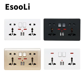  EsooLi 2.1 A çift USB şarj Bağlantı Noktası LED göstergesi Duvar Priz Çift Evrensel 5 Delik Anahtarlı Çıkış 146mm * 86mm Basma düğmesi