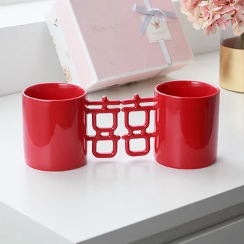  Gelenek Çin düğün kutlama hediye kutusu seramik çift mutluluk kırmızı neşeli töreni şenlikli kupa kahve su çay bardağı