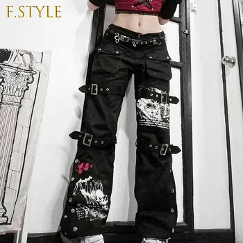  Gotik Bandaj Streetwear Kadın Baggy Kot Estetik Harajuku Y2K Baskı Siyah Denim Pantolon Academia Yüksek Bel Kargo Pantolon