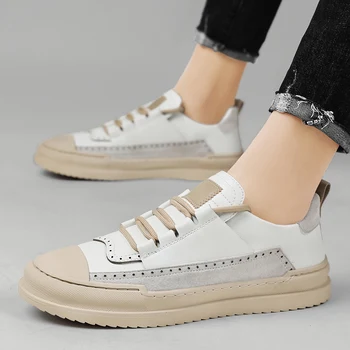  Hakiki Deri Beyaz erkek ayakkabısı lace up Marka Moda Yuvarlak Ayak Adam rahat ayakkabılar Klasik El Yapımı Açık Flats erkekler Sneakers