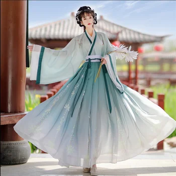  Hanfu Kadınlar Çin Geleneksel Nakış Sahne Dans Elbise Kadın Peri Cosplay Kostüm Degrade Mavi Yeşil Hanfu Kadınlar İçin