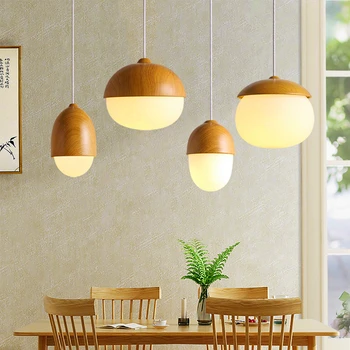  Iskandinav Ahşap Tahıl LED kolye Lamba Somun Şekli Demir cam küre E27 Oturma Odası Yatak Odası Mutfak sanat dekoru Asılı Aydınlatma Armatürü