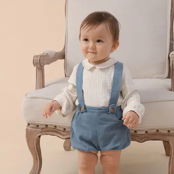  Ispanyolca Bebek Giysileri Set Kız Erkek 2022 Yenidoğan Bebek Pamuk Keten Bluz Şort Takım Elbise Uzun Kollu Gömlek Üst Kıyafet
