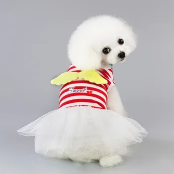  İlkbahar / Yaz Kırmızı Pembe Küçük Köpek Elbise Prenses Köpek Giysileri Kız Çizgili Köpek Elbiseler