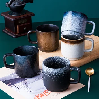  Japon Kahve Fincanı Vintage Seramik Kahve Kupalar Susam Sırlı Bardak Kolu İle Ev Kungfu Çay Fincanı Mutfak Drinkware 300 ML Kupalar