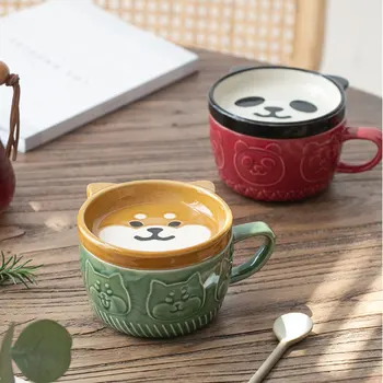  Japon Sevimli Kupa Seti Seramik Shiba Inu Panda Kedi kapaklı bardak Yaratıcı Çift Kupalar Kahve Süt Çay Suyu Mutfak Drinkware