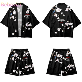  Japon Çiçekler Baskı Hırka Harajuku Cosplay Kimono Şort Setleri Yukata Asya Giyim Gömlek Kadın Erkek Haori İki parçalı Takım Elbise