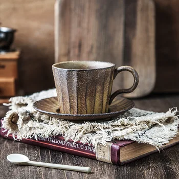  Kaba Çömlek Kahve fincan ve çay tabağı Seti El Yapımı Japon Retro Kahve Fincanı Sanat Fincan Seramik El demlenmiş Kahve Kahve Kupa