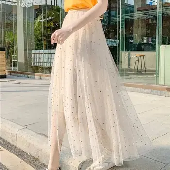  Kadın A-Line Pileli Peri Etekler 2021 İlkbahar Yaz Yüksek Bel Orta Uzunlukta Yıldız Payetli file top elbisesi Etek Büyük Boy