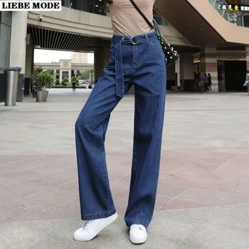  Kadın Geniş Anne Kot Kadın Yüksek Bel Gevşek Uzun Kot Pantolon sashes ile Ladeis Lacivert Düz Çan Alt Kot pantolon