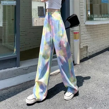  Kadın Kot Yüksek Bel Elbise Geniş Bacak Denim Giyim Mavi Streetwear Vintage Kalite 2021 Moda Harajuku düz pantolon