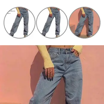  Kadın Rahat Kadın Yüksek Bel Rahat Uzun Kot Dipleri Pantolon Düğme Fermuar Kapatma için Açık